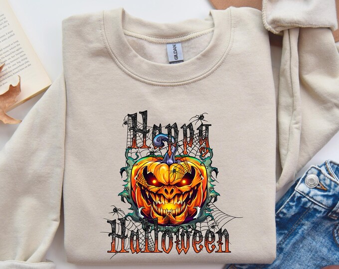 Spooky Happy Halloween Sweatshirt | Vintage Pumpkin Graphic Pullover | Cozy Fall Sweater | Halloween Party Outfit | Unisex Comfort Crewneck