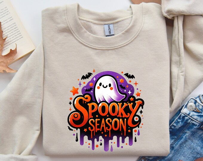 Spooky Season Sweatshirt - Cute Ghost Halloween Sweater, Fun and Festive Fall Pullover, White Unisex Cozy Top, Autumn Graphic Design