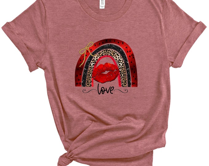 Love Rainbow Valentine’s Day Shirt - Leopard Lips Heart Tee - Romantic Graphic T-Shirt for Women - Trendy Valentines Day Shirt, Gift for Her