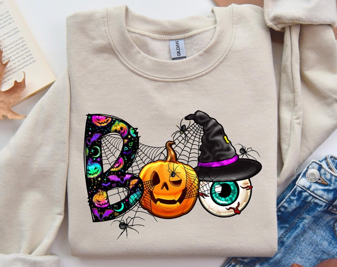 Spooky Halloween Sweatshirt with Boo Pumpkin and Eyeball Shirt, Cozy Fall Fashion for Halloween Lovers, Halloween Gift Shirt, Funny Shirt