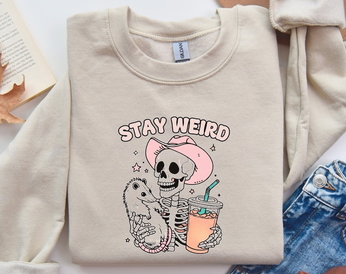 Stay Weird Graphic T-Shirt - Quirky Skeleton and Possum Design, Cute Coffee Tee, Fun and Unique Gift Idea, Halloween Sweatshirt and Shirt"
