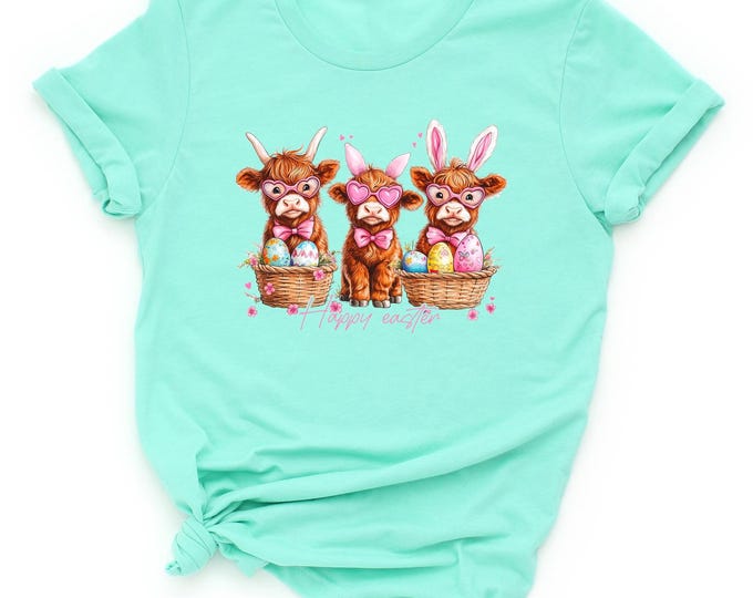 Easter Day Highland Cow Shirt, Cute Cow Easter Sweatshirt, Retro Easter Crewneck, Happy Easter Cow Cute T-shirt, Easter Day Highland Cow Tee