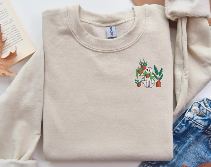 Pocket Size Ghost Embroidered Halloween Sweatshirt, Halloween Embroidery Tshirt, Cozy Embroidery Shirt, Halloween Cute Gift Shirt, Ghost Tee