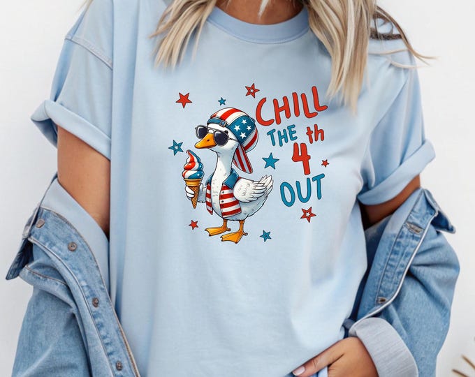 Funny 4th of July Goose Shirt, Chill the 4th Out T-Shirt, Patriotic Duck Ice Cream Tee, Independence Day Humor Shirt, Cute America Party Tee