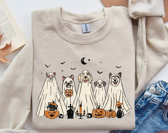 Dogs in Ghost Costumes Halloween Sweatshirt - Cozy Fall Sweater - Cute Animal Print - Dog Lovers Gift - Spooky Season Casual Wear, Dog Shirt