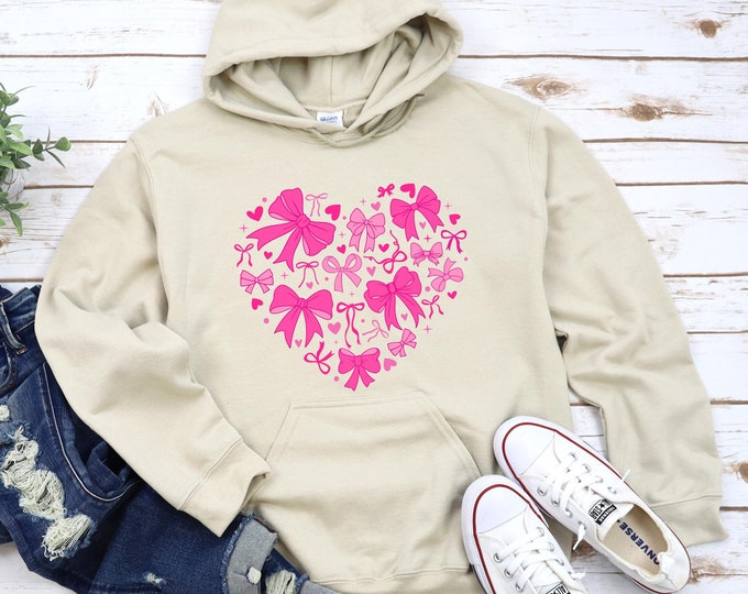 Pink Heart and Bow Hoodie, Valentine's Day Shirt for Women, Cute and Cozy Love Apparel - Romantic Gift Idea for Her, Valentines Day Crewneck