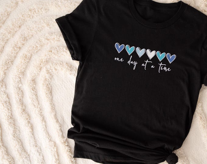 One Day at a Time Embroidered Sweatshirt - Mental Health Awareness Crewneck - Blue Heart Self-Care Sweater - Motivational Healing Gift Shirt