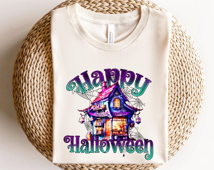 Happy Halloween T-Shirt - Haunted House Design for Women - Fall Spooky Graphic Tee - Perfect Halloween Party Outfit - Scary Holiday Fashion