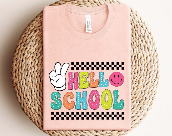 Colorful 'Hello School' Graphic Tee - Perfect for Students, Back to School, Classroom Fashion, and Cute Educational Shirt, Funny School Tee