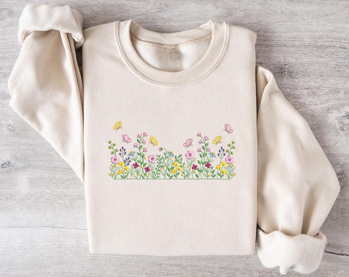 Wildflower Embroidered Sweatshirt, Minimalist Floral Crewneck, Spring Garden Sweater, Cottagecore Aesthetic Shirt, Cute Butterfly Pullover
