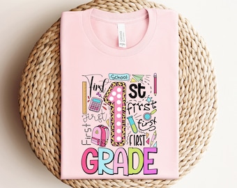 Adorable First Grade Shirt for Girl - Back to School Shirt - Cute 1st Grade Outfit with School Supplies Tee - Perfect Gift for First Graders
