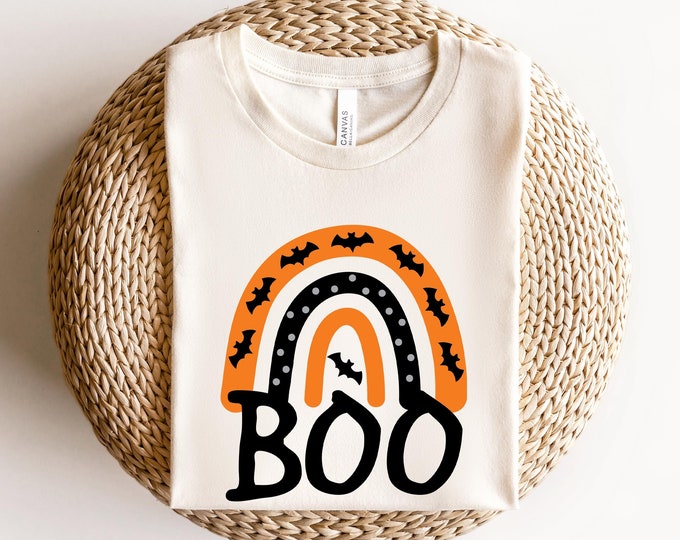 Cute Halloween Boo T-Shirt - Fun Rainbow and Bats Design, Perfect for Halloween Celebrations, Unisex Natural Tee, Spooky Halloween Gift