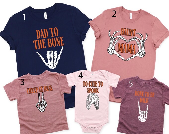 Cute and Fun Skeleton Themed Family T-Shirt Set - Stylish and Comfortable Halloween Costumes for Dad, Mom, and Kids - Perfect for Spooky Tee