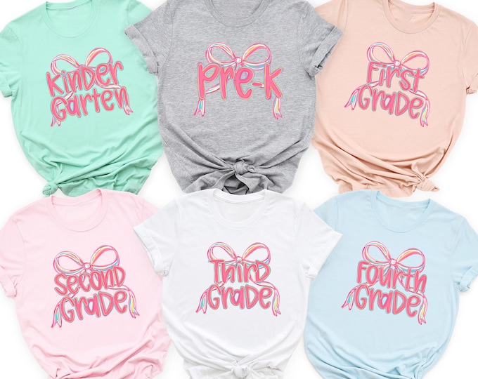Coquette Back to School Shirt Bundle, PreK to 4th Grade Groovy School Shirt Set, Cute Retro First Day of School Shirt for Girls, Teacher Tee
