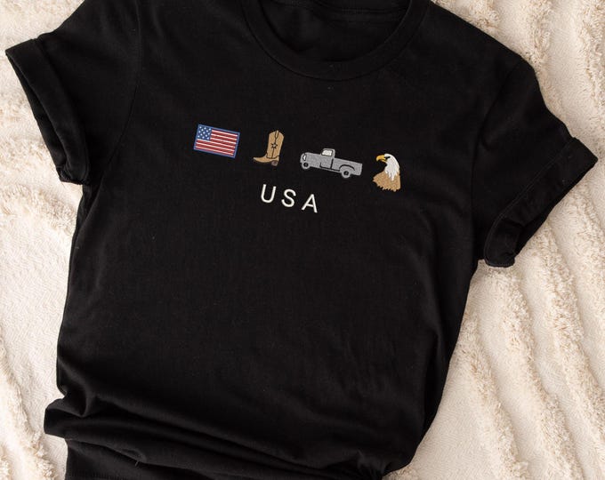 4th of July Shirt, USA Embroidered Shirt, American Pride Tee, Western Cowboy Football Shirt, Patriotic Eagle Tee, Minimalist USA Graphic Tee