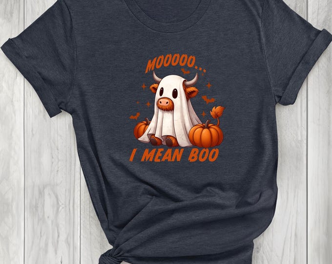 Moo I Mean Boo Sweatshirt, Funny Fall Pumpkin Cow Shirt, Retro Halloween Highland Cow Tee, Trendy Cute Highland Cow Shirt, Halloween Shirt