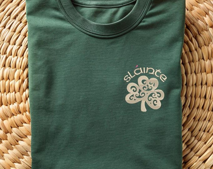 Irish Sláinte Shamrock Embroidered Shirt, Soft Green Apparel with Decorative Shamrock & Sláinte Shirt, Perfect for Celebrations, Irish Shirt