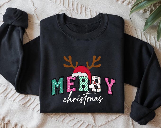 Merry Christmas Sweatshirt, Merry Christmas Matching Shit, Cute Holiday Reindeer Antlers Santa Hat Shirt, Cozy Winter Family Matching TShirt