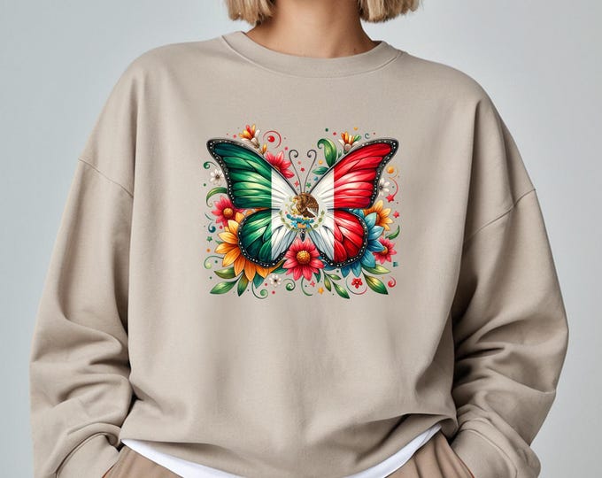 Mexican Flag Butterfly Sweatshirt - Mexico Pride Crewneck - Floral Heritage Shirt - Colorful Hispanic Gift - Viva Mexico Oversized Tee