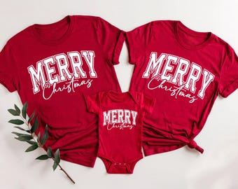 Merry Christmas Family Matching Shirts, Red Christmas Tees for Mom Dad Baby, Holiday Outfit, Cute Family Christmas T-Shirt Set
