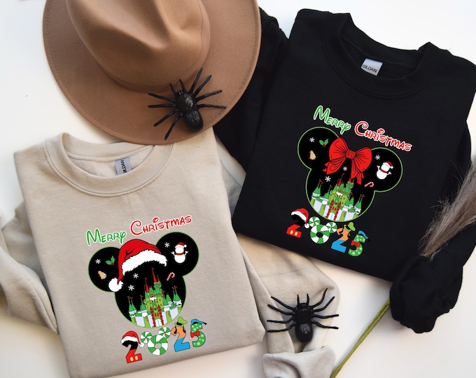 Mickey and Minnie Christmas 2025 Sweatshirt, Festive Holiday Sweater with Santa Hat, Castle, and Bow, Perfect for Disney Lovers Sweatshirt