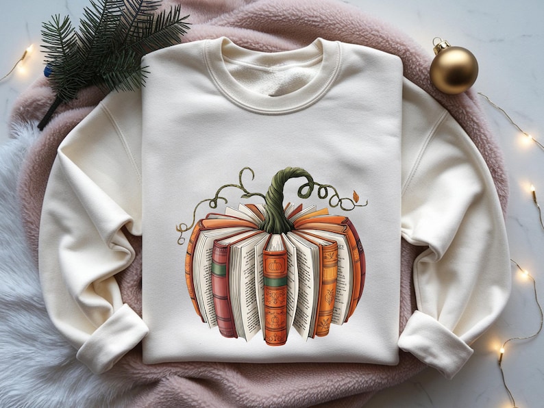 May include: A cream-colored crewneck sweatshirt featuring a central graphic of a pumpkin constructed from open, upright books. The books have varied orange, red, and green spines, with a dark green, twisted stem emerging from the top center.