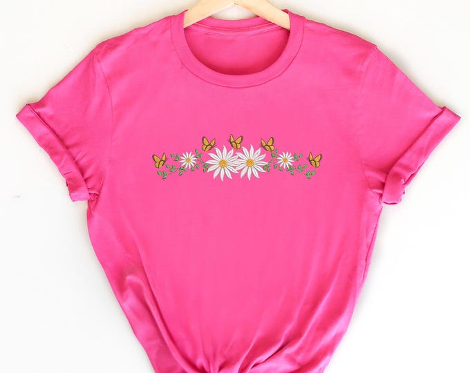 Daisy Embroidered Shirt, Floral Butterfly Tee, Spring Aesthetic Sweatshirt, Cottagecore Flowers Tee, Minimalist Shirt, Summer Graphic Tee