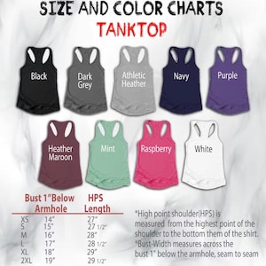 May include: Size and color chart for tank tops in various colors including black, dark grey, athletic heather, navy, purple, heather maroon, mint, raspberry, and white. The chart includes measurements for bust, armhole, and high point shoulder length in inches.