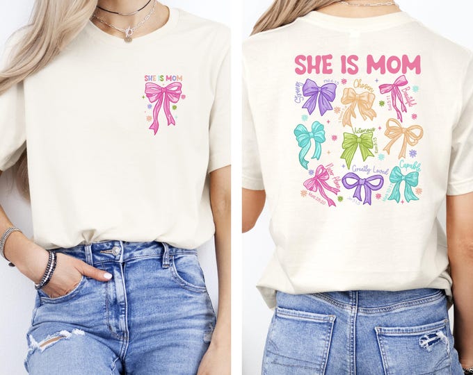 She Is Mom Shirt, Mothers Day Gift, Pastel Bow Mom Tee, Mom Graphic TShirt, Inspirational Mama Shirt, Cute Mom Top, Motherhood Gift Idea Tee