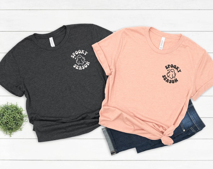 Embroidery Spooky Season Pocket Size Sweatshirt, Cute Ghost Pocket Size Tee, Halloween Pocket Size Shirt, Ghost Season Embroidered  Sweater