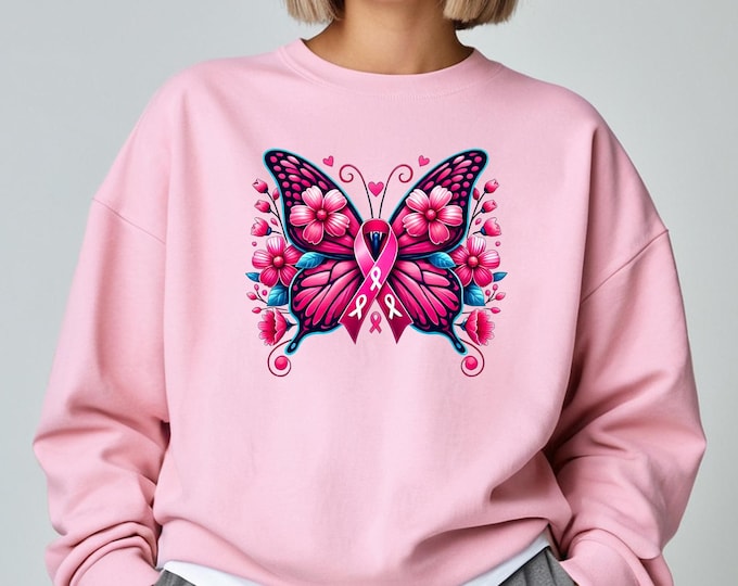 Pink Butterfly Ribbon Sweatshirt, Breast Cancer Awareness Crewneck, Floral Survivor Gift, Hope Strength Courage Tee, October Support Shirt