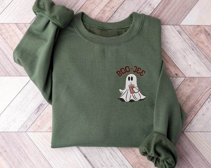 Boo Jee Ghost Embroidered Sweatshirt, Boujee Halloween Shirt, Cute Ghost Fall Embroidery, Spooky Cozy Crewneck, Trendy October Witchy Outfit