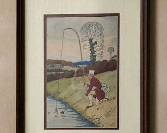 Vintage Harry Eliott Fly Fishing Print - Framed Signed English Gentleman Angler Lithograph - Gallery Provenance