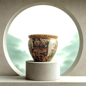 Vintage Porcelain Satsuma Style Koi Fish & Peacock Motif, Crackle Glaze Gold Gilt Planter