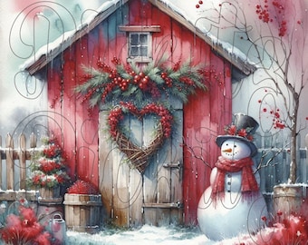 Primitive Valentines Day Snowman, Snow Barn Scene, 4 Styles, Farmhouse, Instant Download, Printable, Sublimation Decoupage Cans Labels