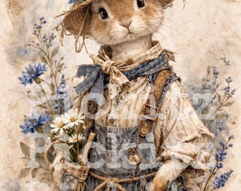 Bunny and Flowers, 2 Styles, Rabbit, Farmhouse, Instant Download, Printable 8x8, Sublimation Decoupage Cans Labels