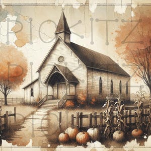 Fall Church Scene Bundle, 4 Styles, Primitive Farmhouse, Instant Download, Printable 8x8, Sublimation Decoupage Cans Labels