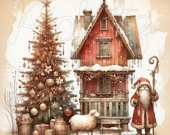Santa and Red House Bundle, 3 Styles, Farmhouse, Instant Download, Printable, Sublimation Decoupage Cans Labels
