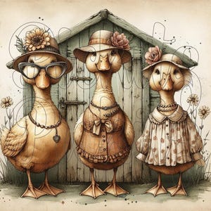 Puede incluir: Tres patos de dibujos animados con sombreros y vestidos. El pato de la izquierda lleva gafas y un vestido marrón con un colgante de corazón. El pato del medio lleva un vestido de cuadros con un lazo y un collar de perlas. El pato de la derecha lleva un vestido floral con un collar de perlas. Los tres patos están de pie frente a un cobertizo de madera.
