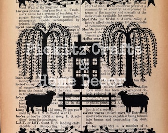 Primitive Weeping Willow and Sheep, Primitive Farmhouse, Instant Download, Printable, Sublimation Decoupage Cans Labels