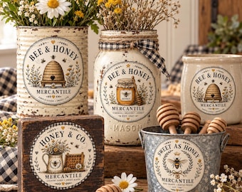 Bees Round Labels, 4 Styles , Primitive Farmhouse, Instant Download, Printable 8x8, Sublimation Decoupage Cans Labels