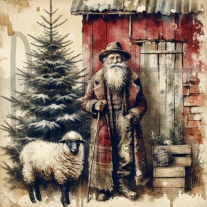 Könnte beinhalten: Aquarellillustration eines Mannes mit langem weißem Bart und Hut, der neben einem Schaf und einem Weihnachtsbaum steht. Er trägt einen langen Mantel und steht vor einer roten Scheunentür. Eine Holzkiste mit Garn befindet sich in der Nähe.