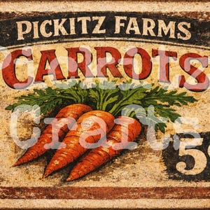 May include: Vintage-style sign for Pickitz Farms carrots. The sign features the words "Pickitz Farms" and "Carrots" in a distressed font, with illustrations of orange carrots and green leaves. The price is marked as 5¢.