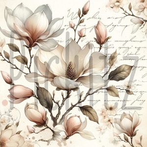 Puede incluir: Una pintura de acuarela de una rama de flor de magnolia con delicadas flores rosadas y blancas. Las flores están rodeadas de texto escrito a mano en un estilo vintage.
