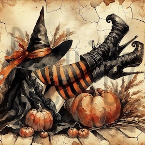 May include: Watercolor illustration featuring a witch-themed composition. A black witch hat with an orange ribbon sits near a pair of black high-heeled boots. Striped orange and black stockings are visible. Pumpkins and dried wheat complete the Halloween scene.