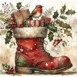 May include: A red boot with a white fur cuff is filled with presents and holly. A small red robin bird sits on top of the presents.