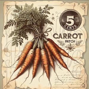 May include: Vintage illustration of a bunch of carrots tied together with twine. The carrots are orange and green with a brown background. The text "5 CENTS CARROT PATCH" is printed on the image.