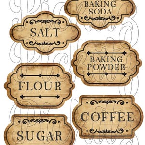 May include: Six vintage-style labels with black borders and ornate designs. The labels are for baking soda, baking powder, flour, coffee, sugar, and salt.