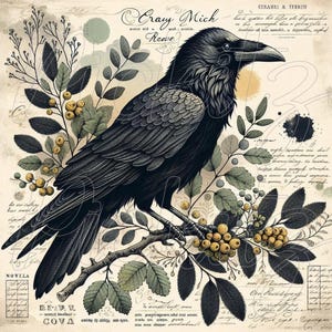 Puede incluir: Un cuervo negro posado en una rama con bayas amarillas. El fondo es una ilustración de estilo vintage con texto que dice "Cray Mich Reove" y "CEBADAL & TERREI".