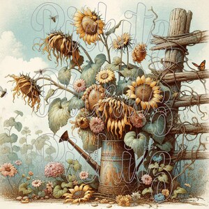 Wilted Sunflowers Square Bundle, 4 Styles, Primitive Farmhouse, Instant Download, Printable 8x8, Sublimation Decoupage Cans Labels